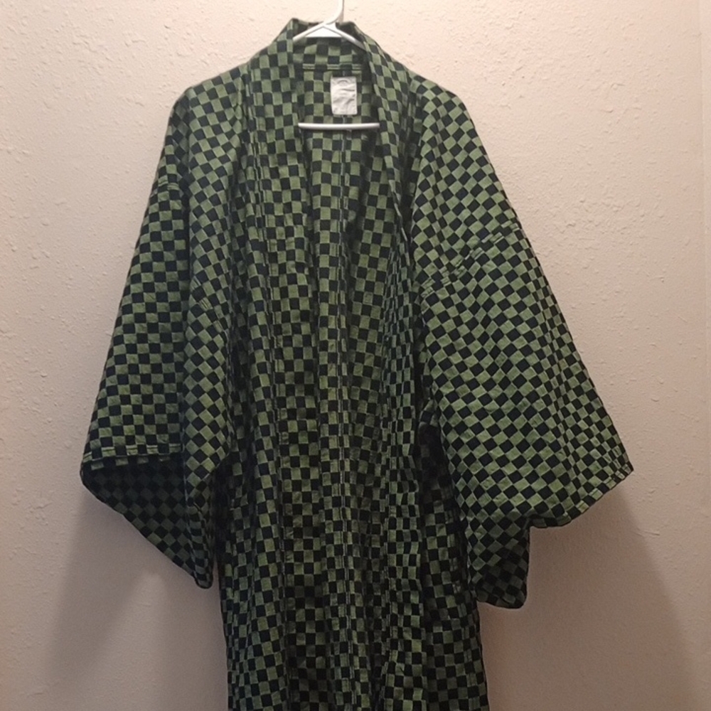 🌿 Vintage Ichimatsu Kimono Robe / Duster Cardigan – Boho Lounge Layer – Unisex